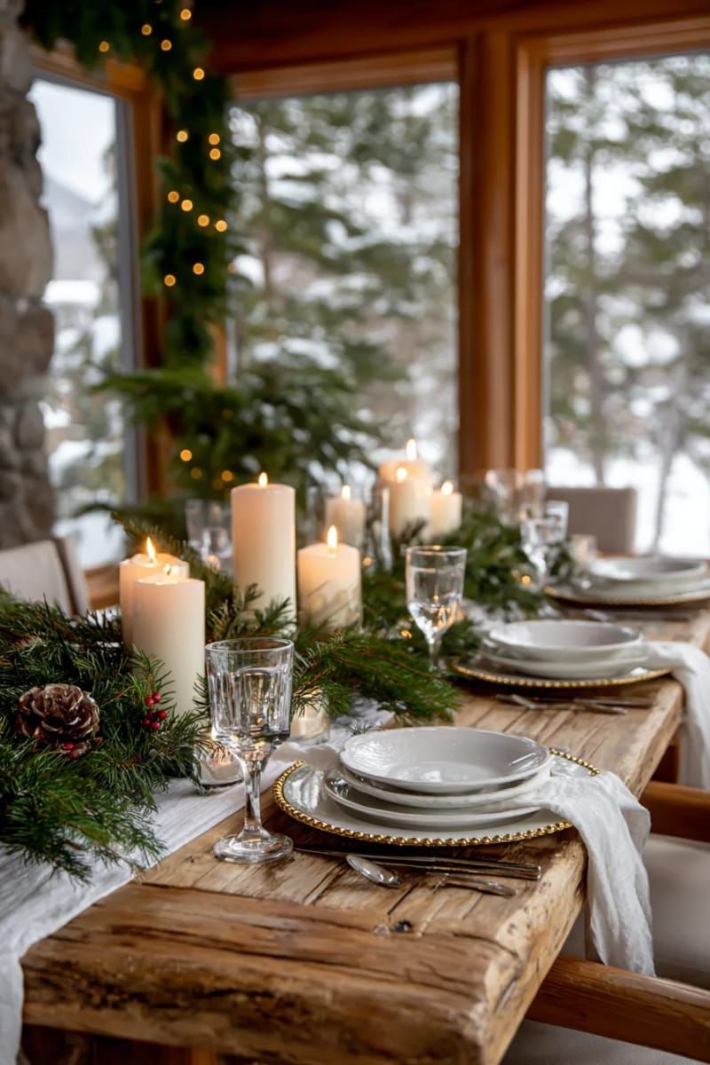 candlelit pine branch centerpiece with twinkle lights for dinner table 1
