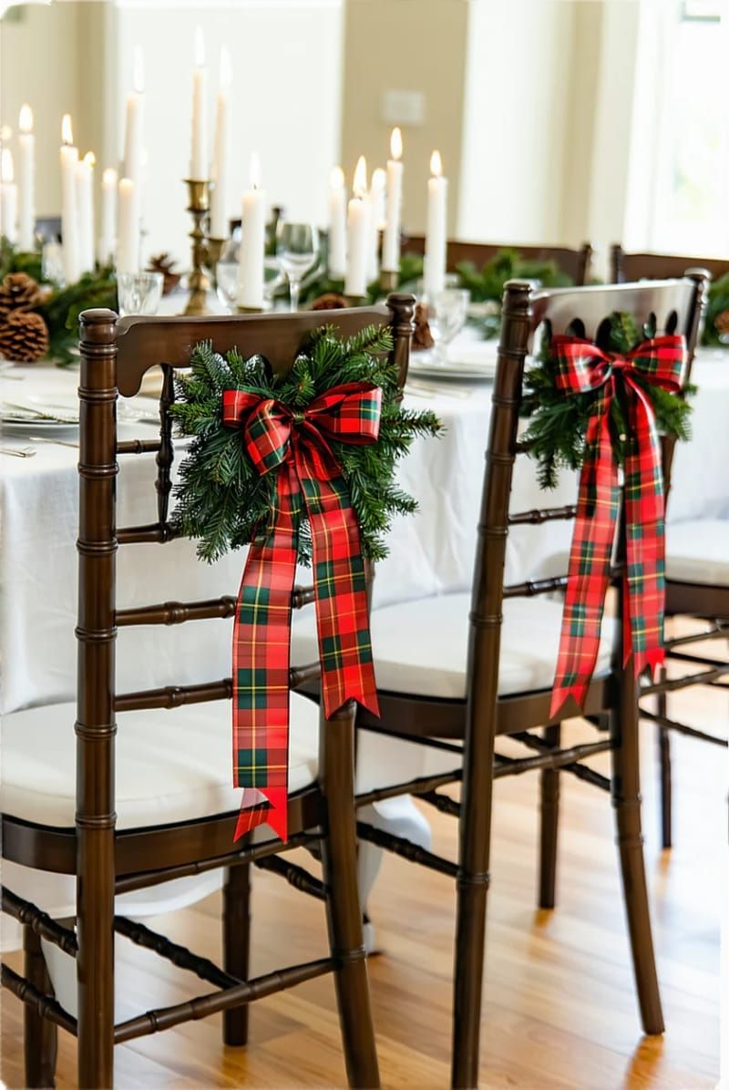 diy mini wreaths tied to dining chairs with tartan ribbon 1