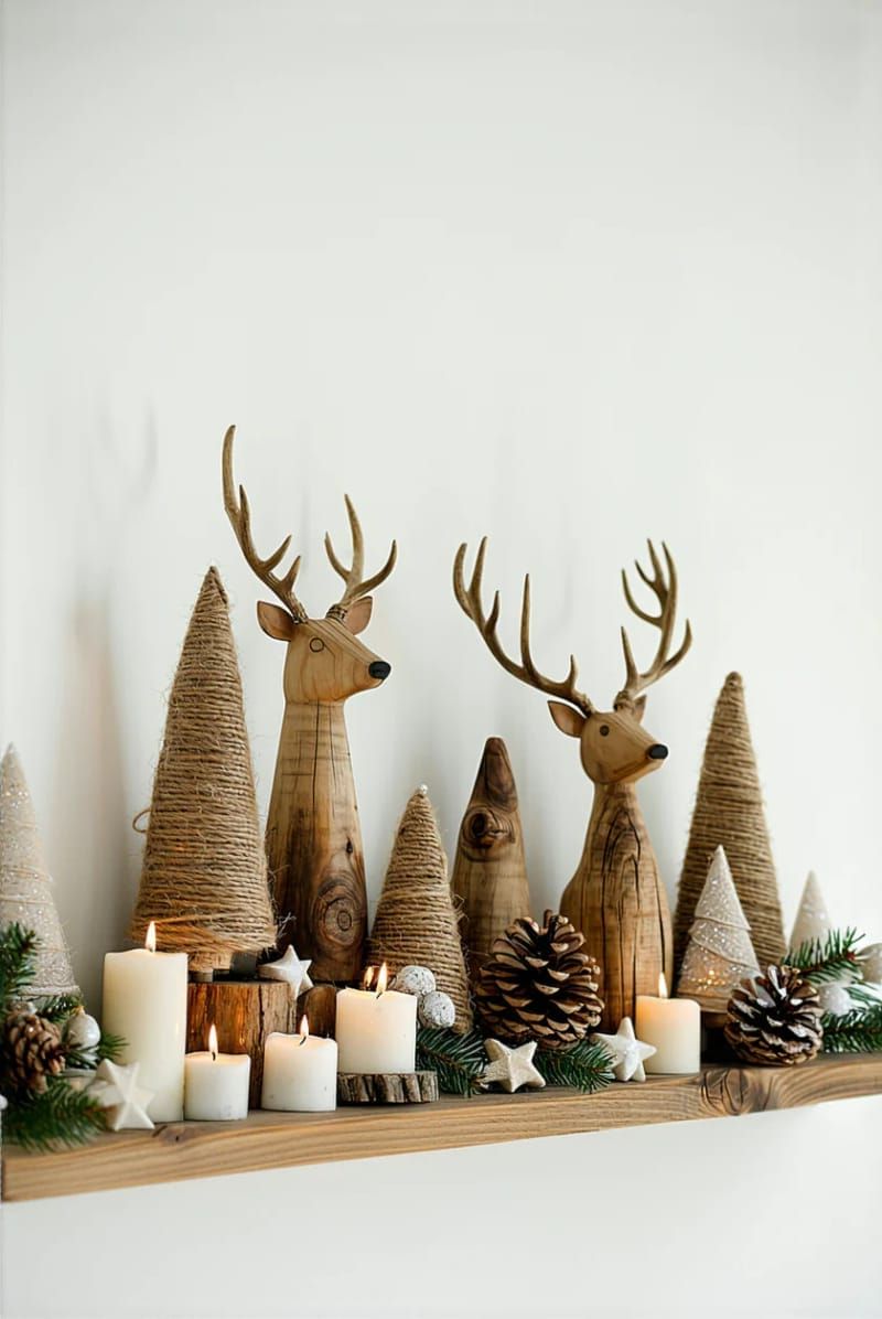 rustic wooden reindeer and cone trees on a scandinavian shelf 1