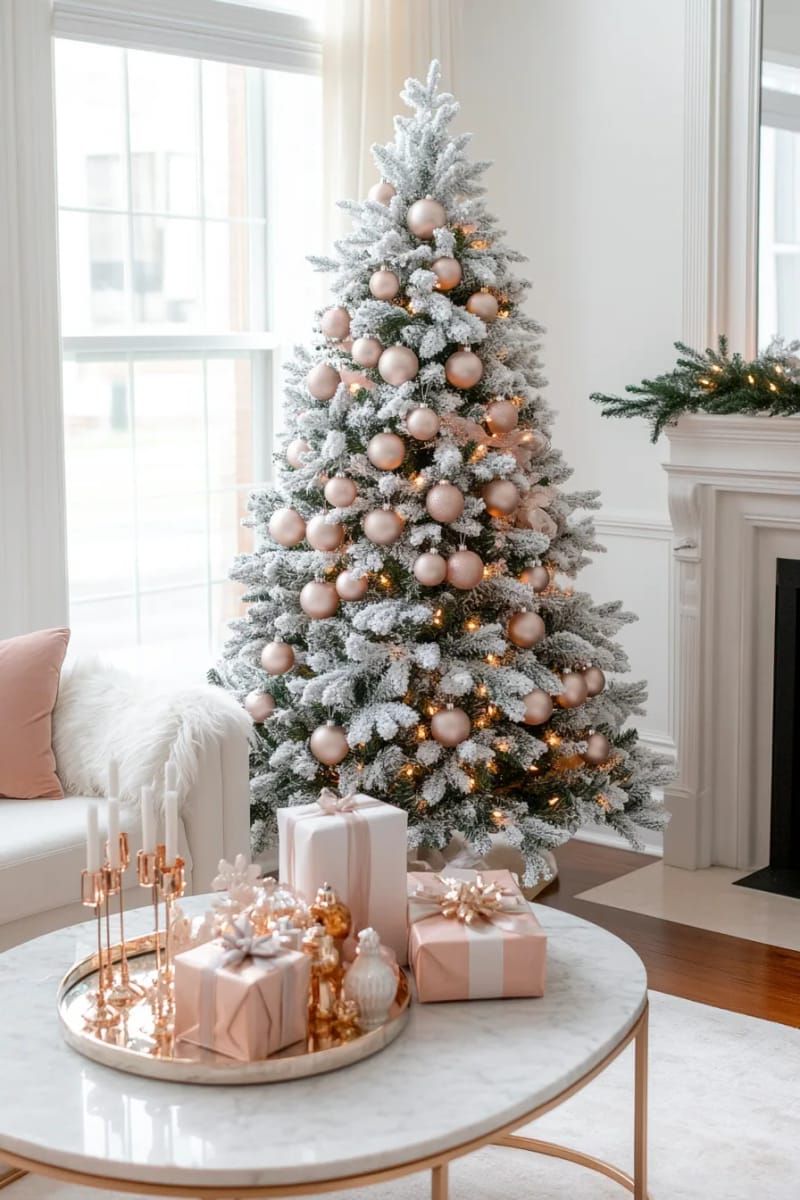 frosted tree with champagne and blush ornaments for a chic look 1