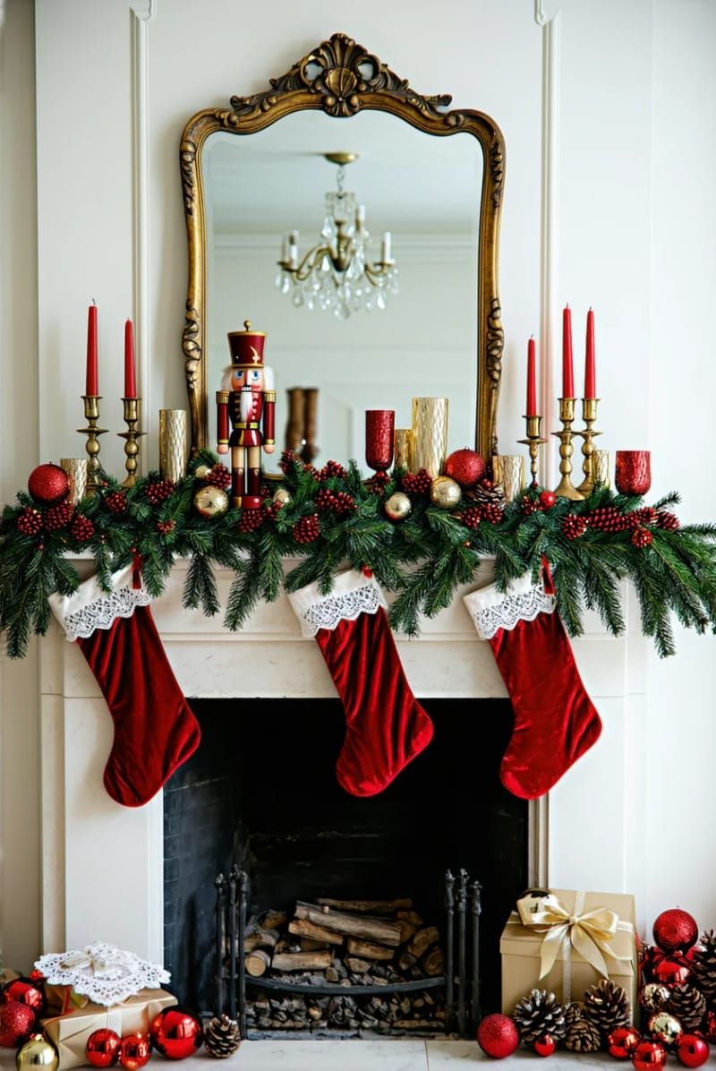 vintage-inspired mantel with red velvet stockings and pine garland accents 1