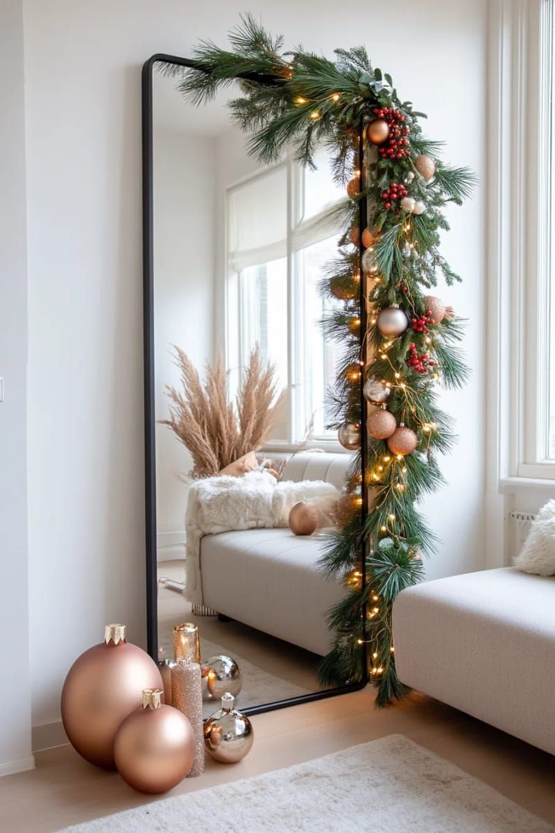 asymmetrical garland draped over a modern mirror 1