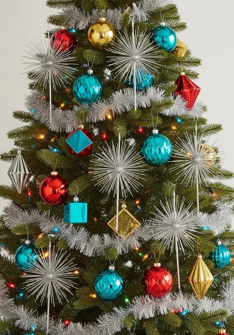 starburst metallic toppers and geometric ornaments for a retro christmas vibe 1