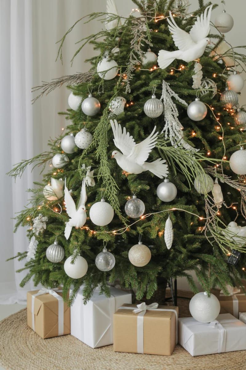 white doves and olive branches for a peaceful, neutral christmas tree 1
