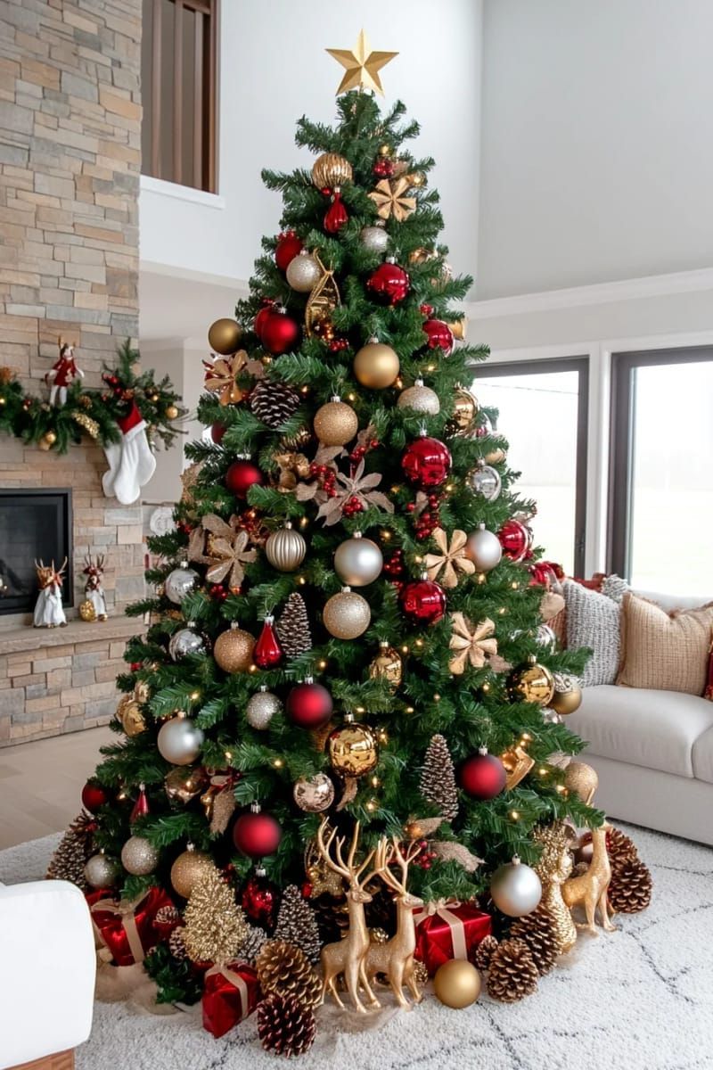 clustered ornaments at the tree base for dramatic christmas statement 1
