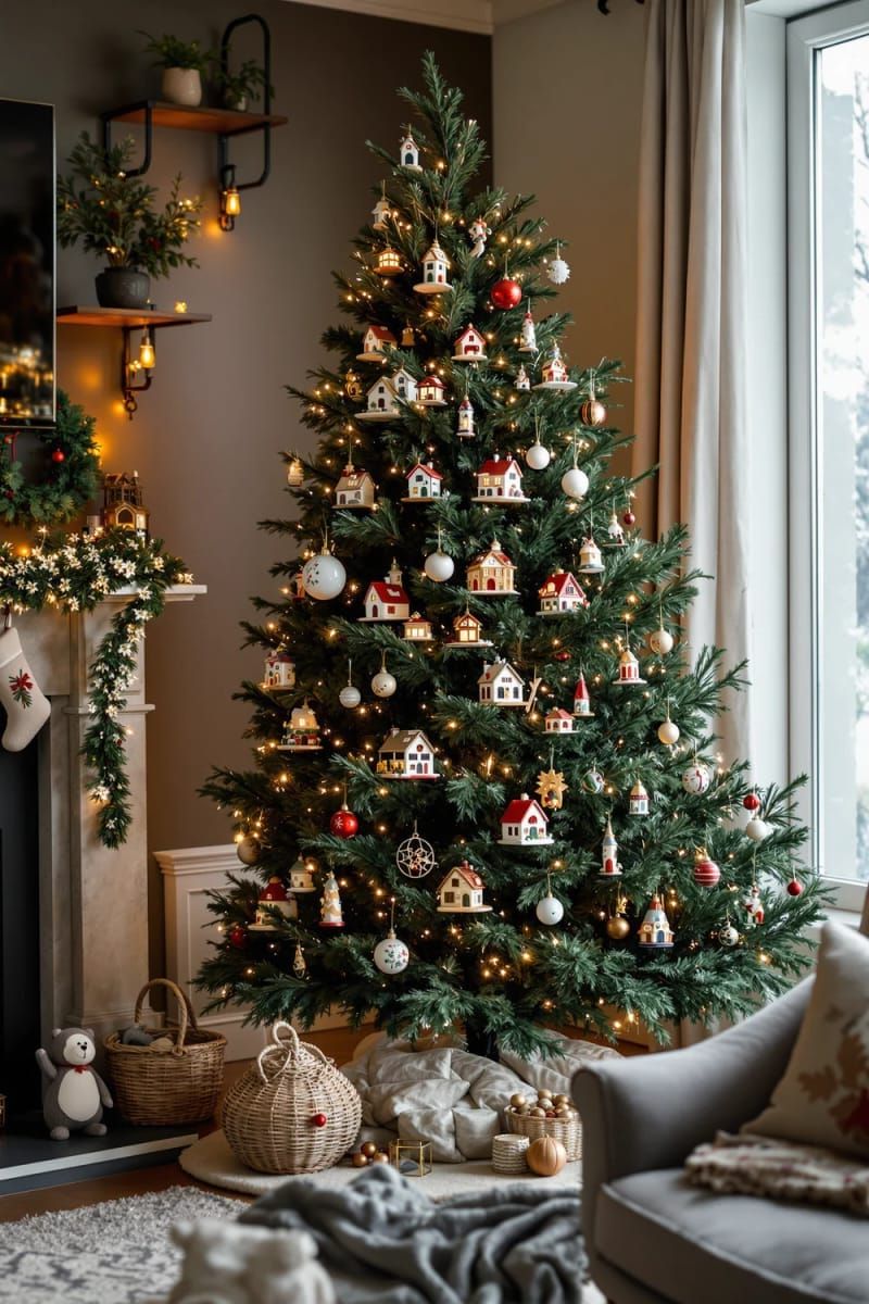 hand-painted ceramic houses nestled among branches for a christmas village effect 1