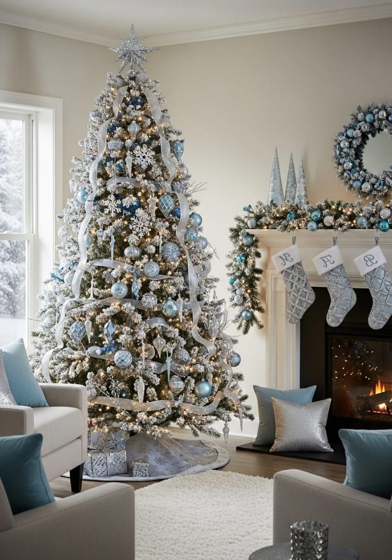icy blue and silver baubles with flocked branches for a winter wonderland look 1