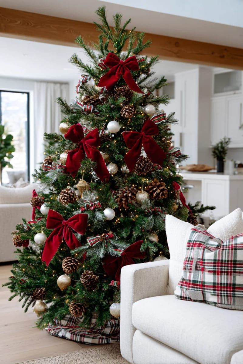 red velvet bows, pinecones, and plaid accents for timeless christmas charm 1
