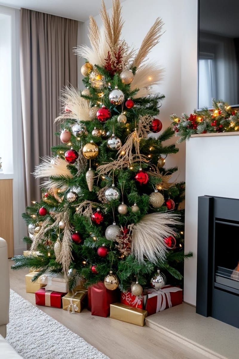 wispy pampas grass plumes tucked among classic ornaments for natural christmas decor 1