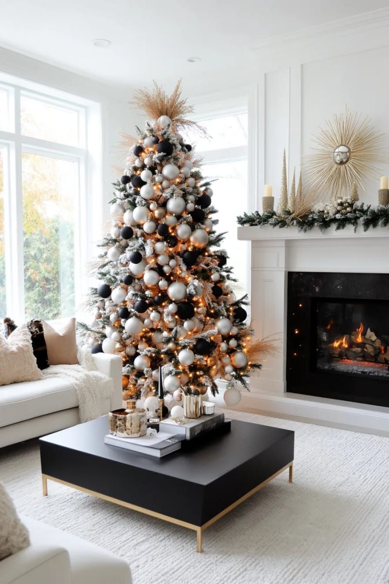 clustered ornaments in monochrome shades for a minimalist christmas tree 1