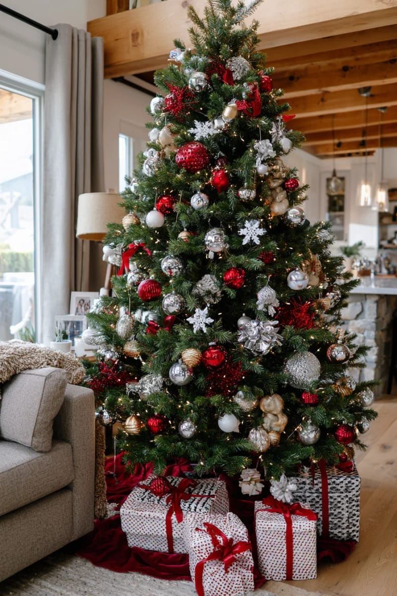 clustered ornaments at the tree base for dramatic christmas statement 1