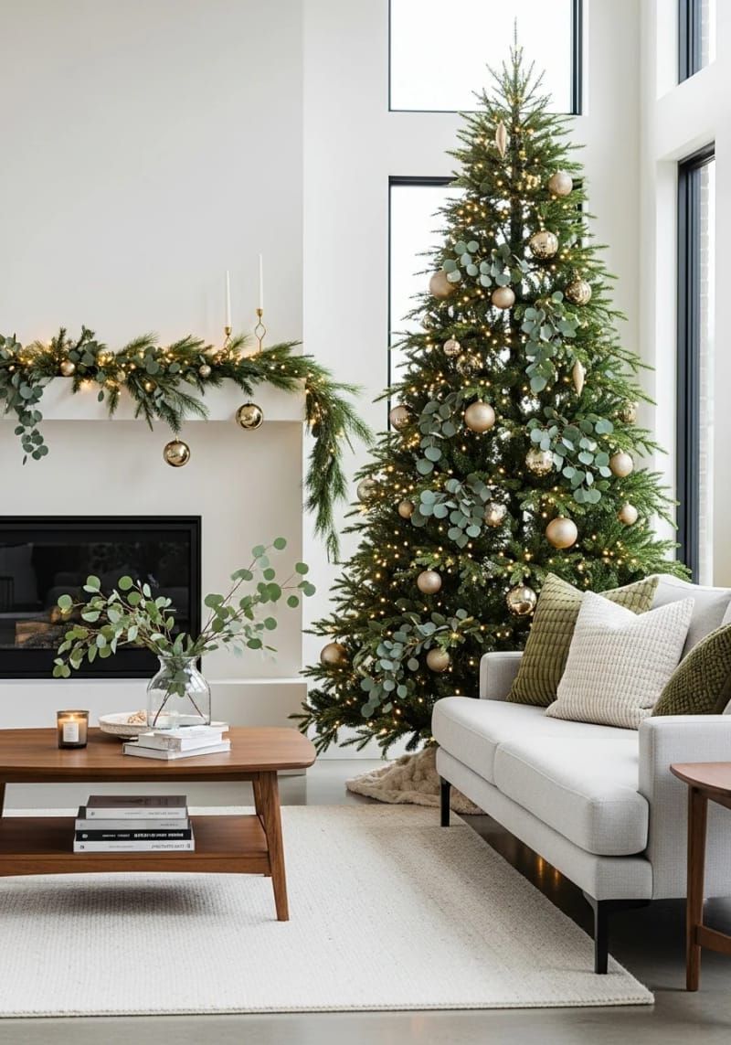 champagne baubles and eucalyptus sprigs for modern neutral christmas decor 1