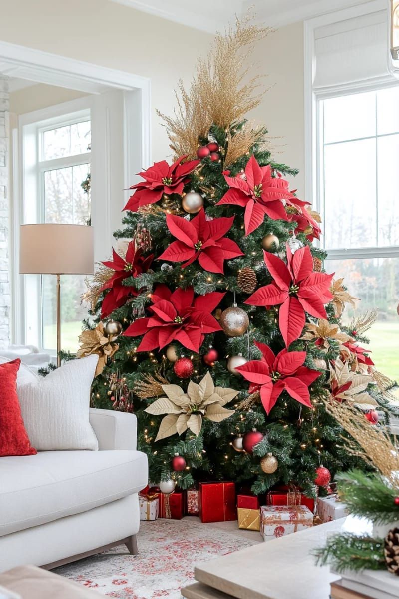 velvet poinsettias and gold leaf sprays for lush, traditional christmas tree decoration 1