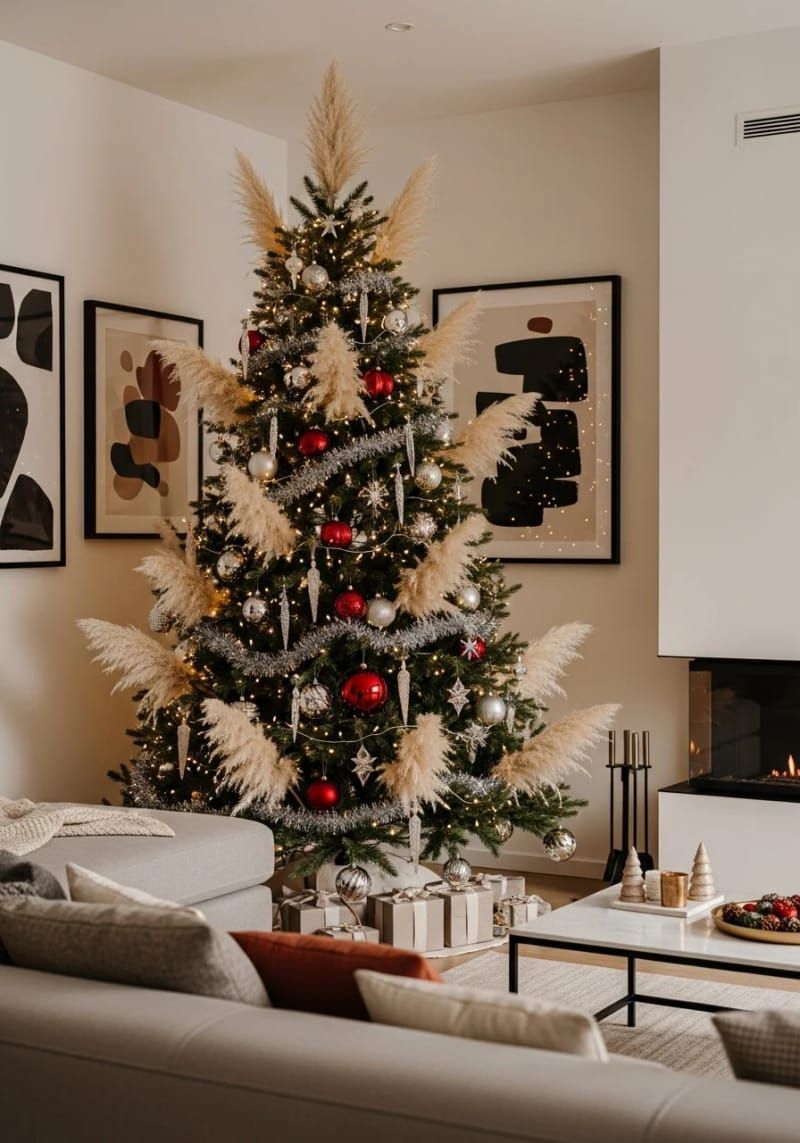wispy pampas grass plumes tucked among classic ornaments for natural christmas decor 1