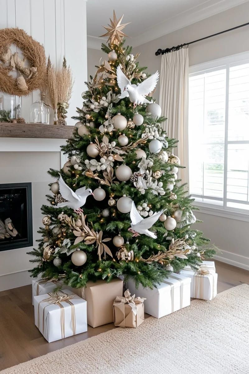 white doves and olive branches for a peaceful, neutral christmas tree 1