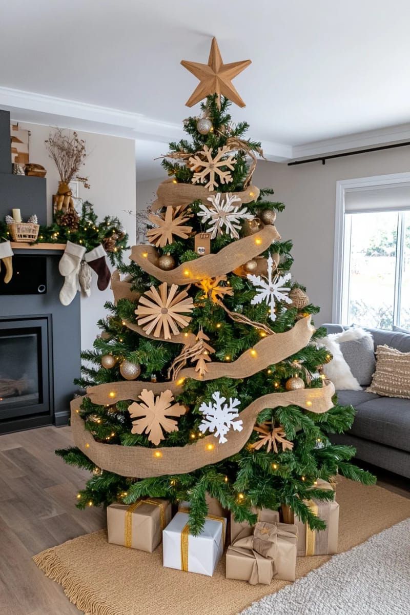 burlap ribbon and wooden snowflakes for rustic farmhouse tree style 1