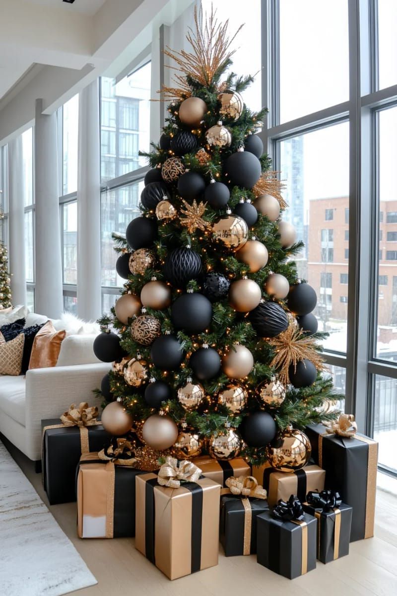 matte black ornaments with champagne gold accents for a modern festive vibe 1