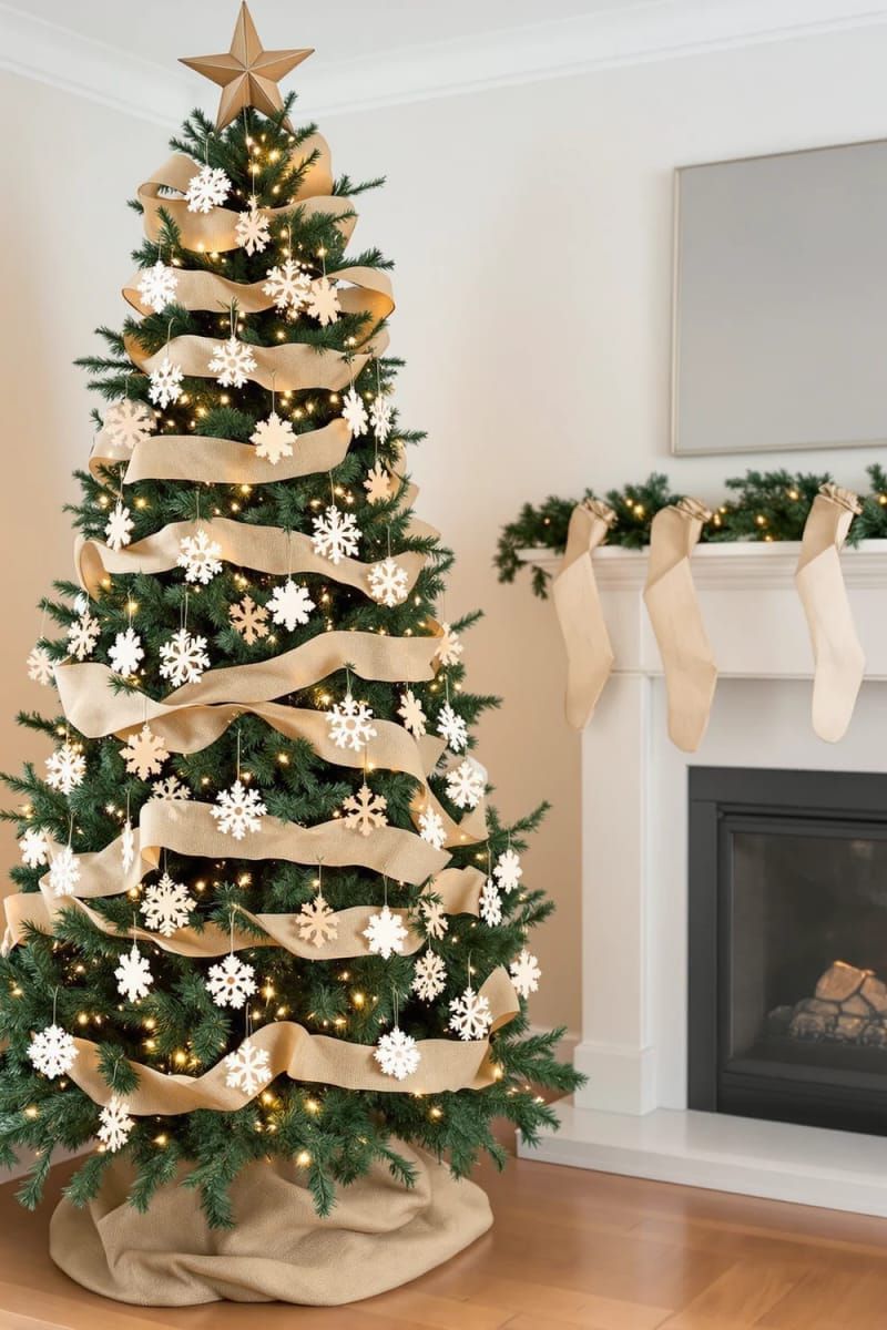 burlap ribbon and wooden snowflakes for rustic farmhouse tree style 1