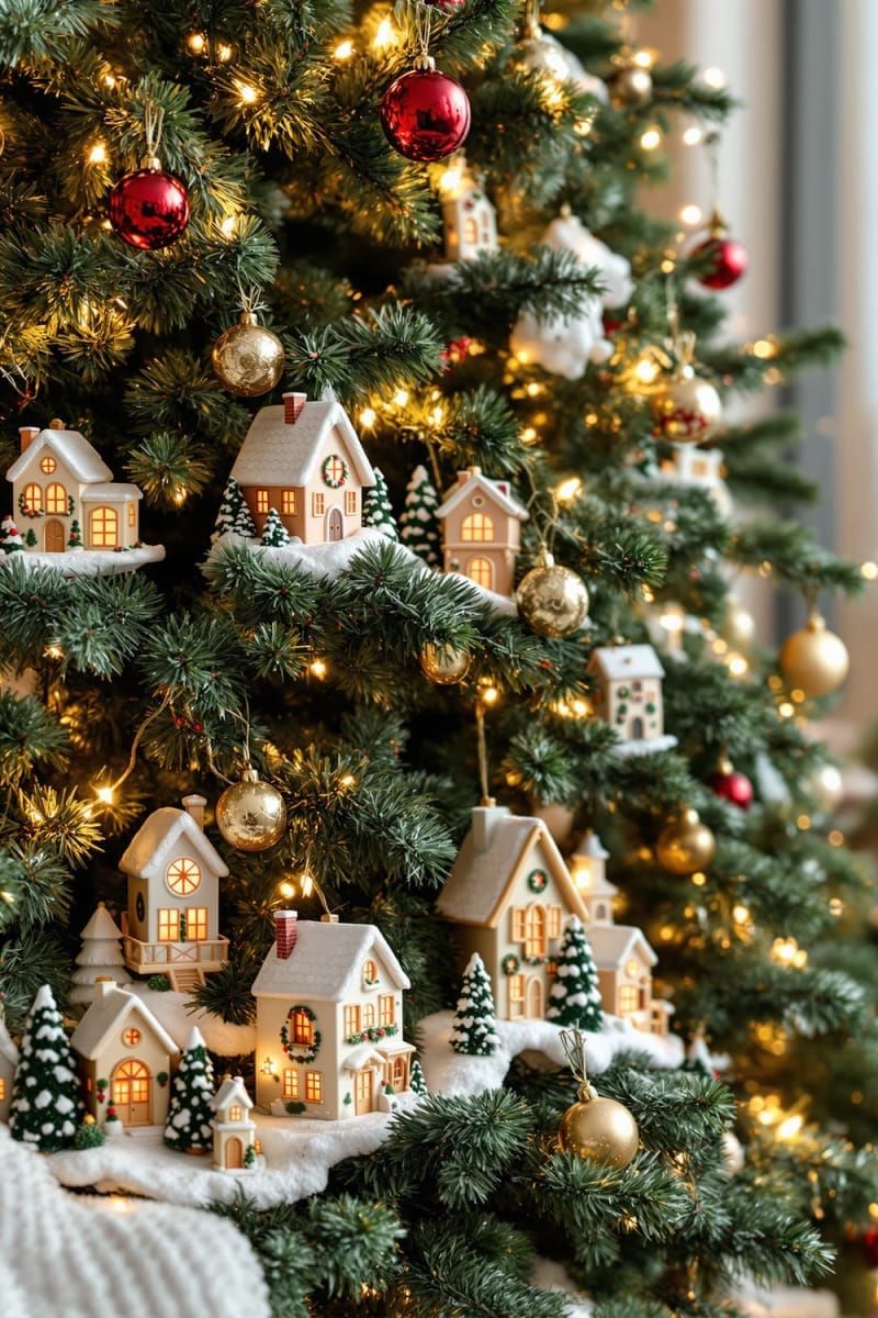 hand-painted ceramic houses nestled among branches for a christmas village effect 1