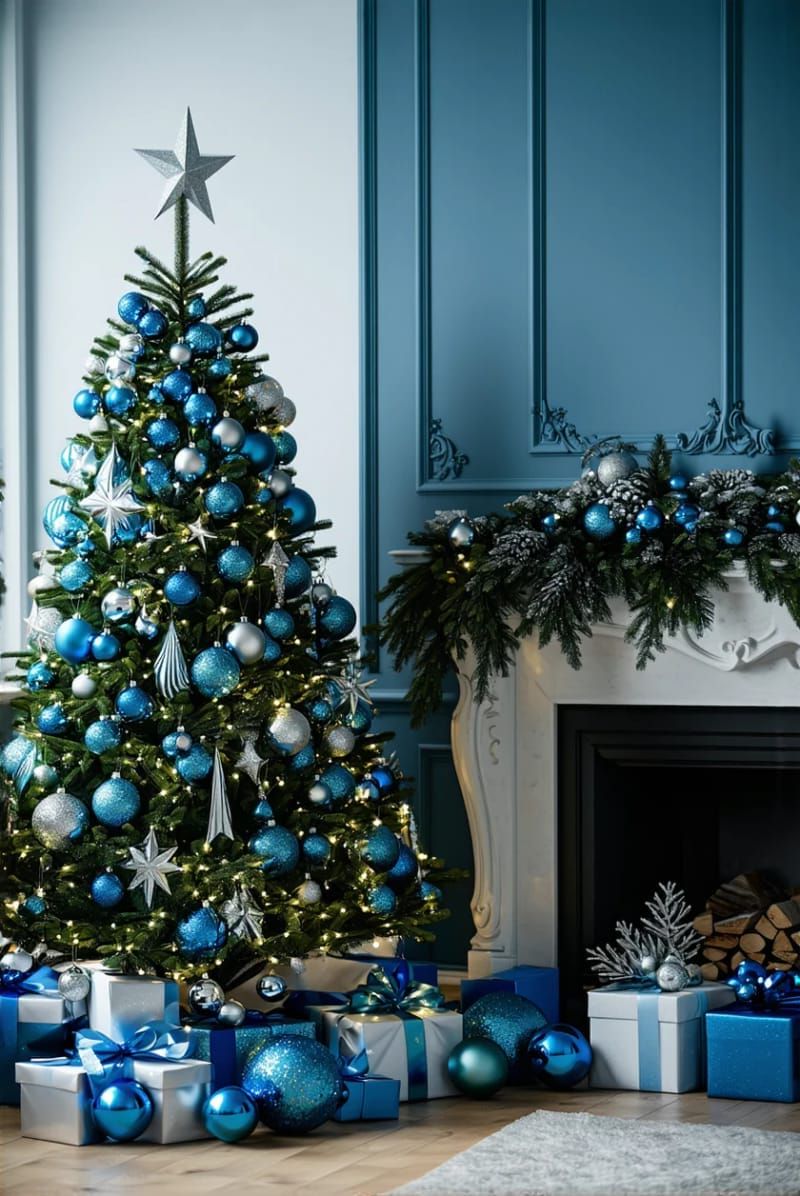 blue velvet baubles and silver garlands for a cool-toned christmas tree 1