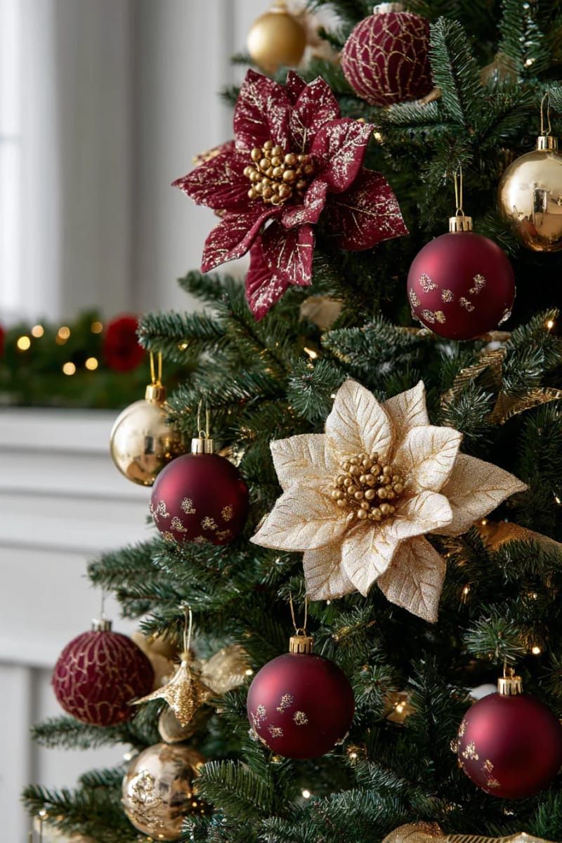 burgundy and gold baubles paired with oversized metallic poinsettia blossoms 1