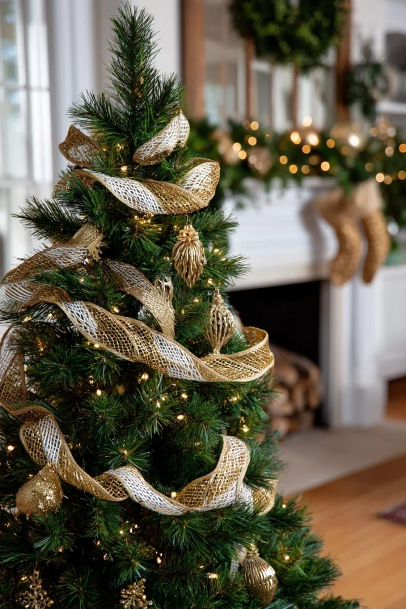 shimmering gold mesh ribbon woven through deep green branches 1