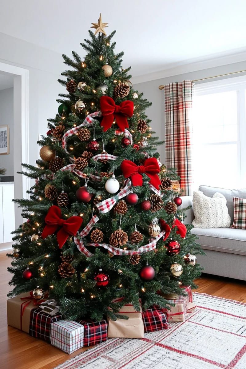 red velvet bows, pinecones, and plaid accents for timeless christmas charm 1