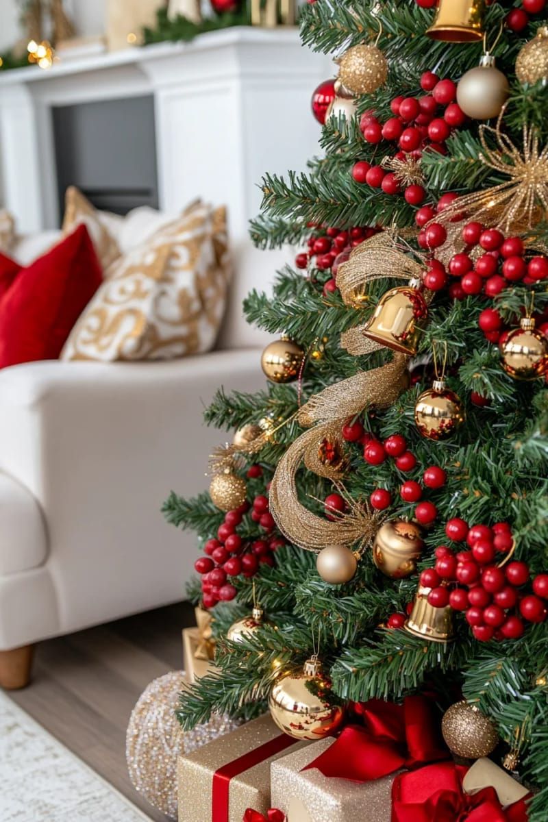 clusters of red berries and gold bells for festive, classic christmas tree decor 1
