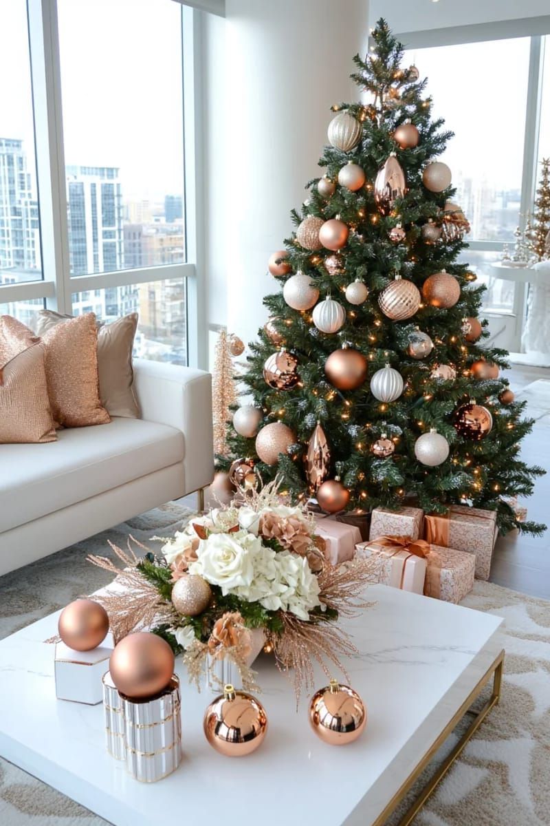 layered metallic ornaments in rose gold, copper, and bronze for chic tree style 1