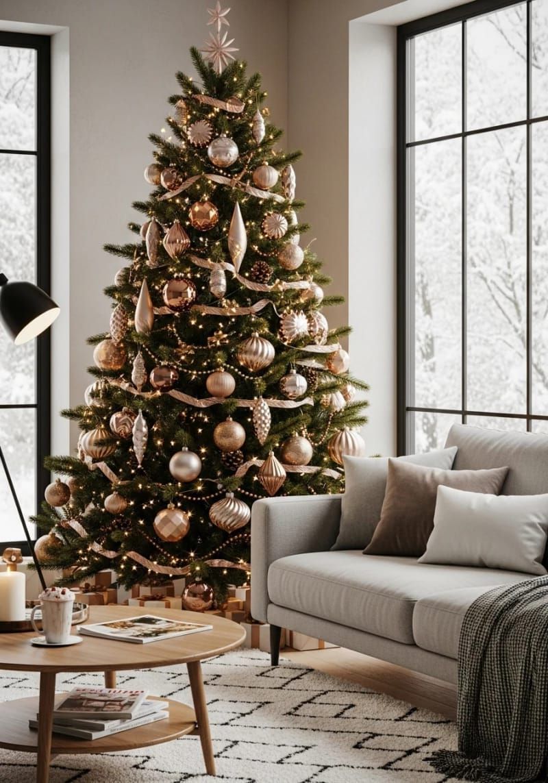 layered metallic ornaments in rose gold, copper, and bronze for chic tree style 1