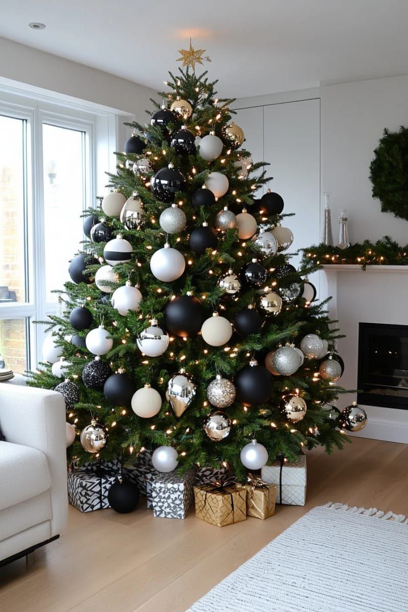 clustered ornaments in monochrome shades for a minimalist christmas tree 1