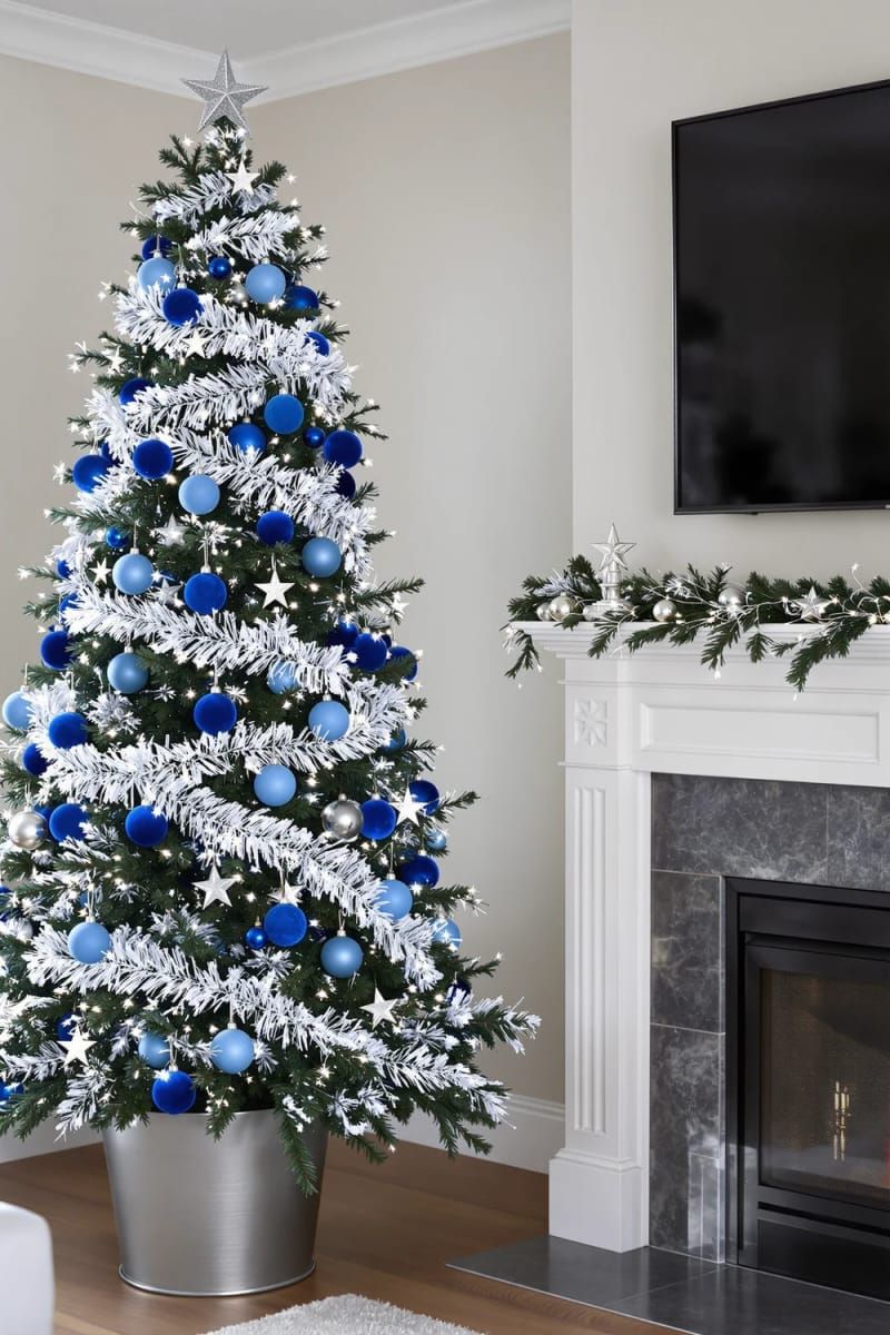 blue velvet baubles and silver garlands for a cool-toned christmas tree 1