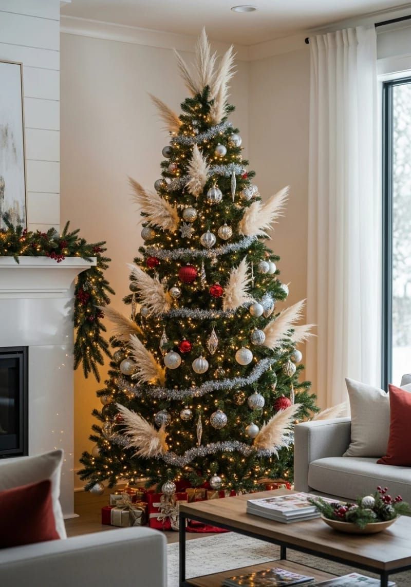 wispy pampas grass plumes tucked among classic ornaments for natural christmas decor 1