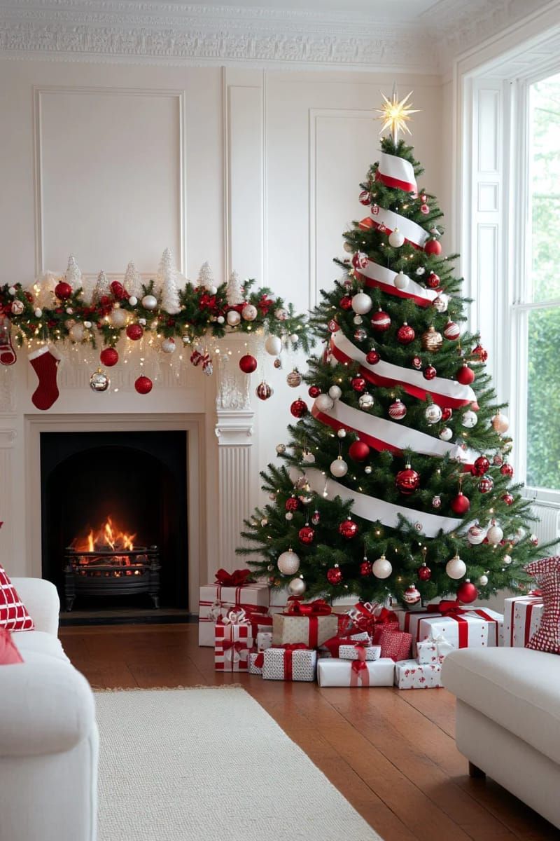 red and white candy cane stripes spiraling around the tree 1