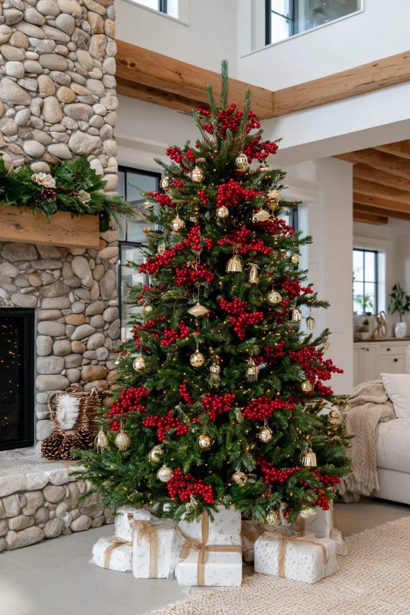 clusters of red berries and gold bells for festive, classic christmas tree decor 1
