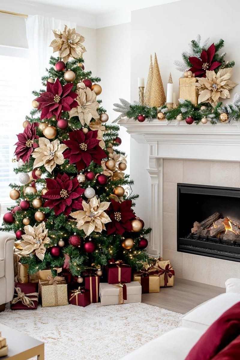 burgundy and gold baubles paired with oversized metallic poinsettia blossoms 1