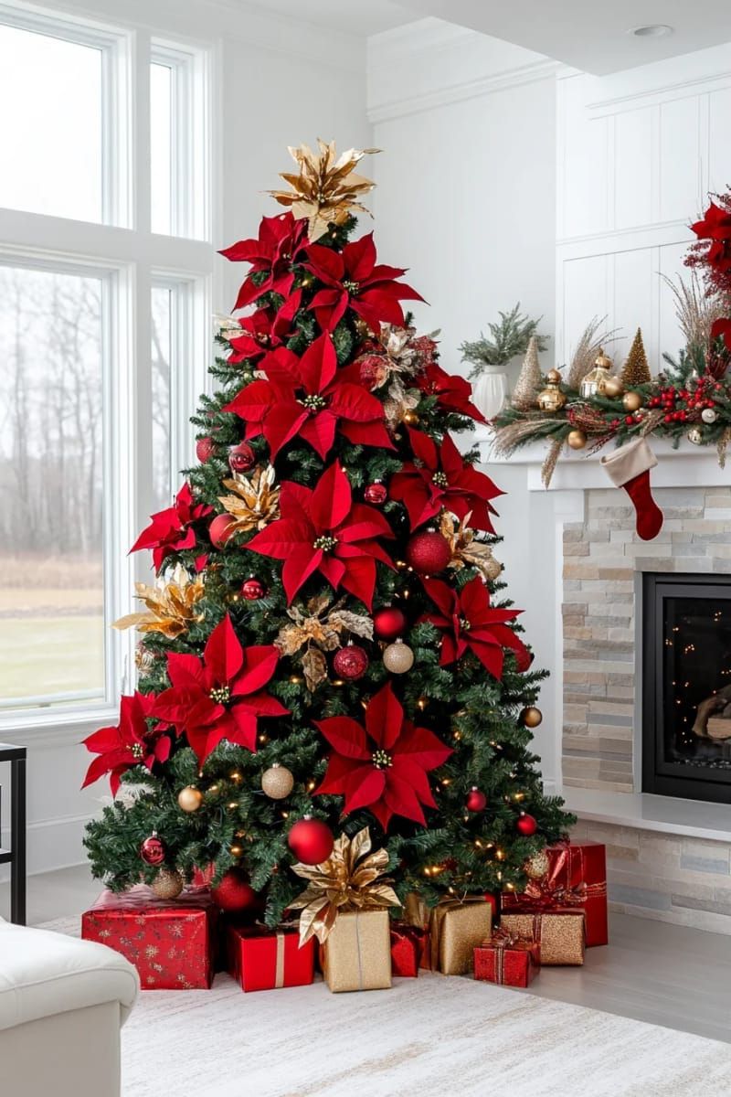velvet poinsettias and gold leaf sprays for lush, traditional christmas tree decoration 1