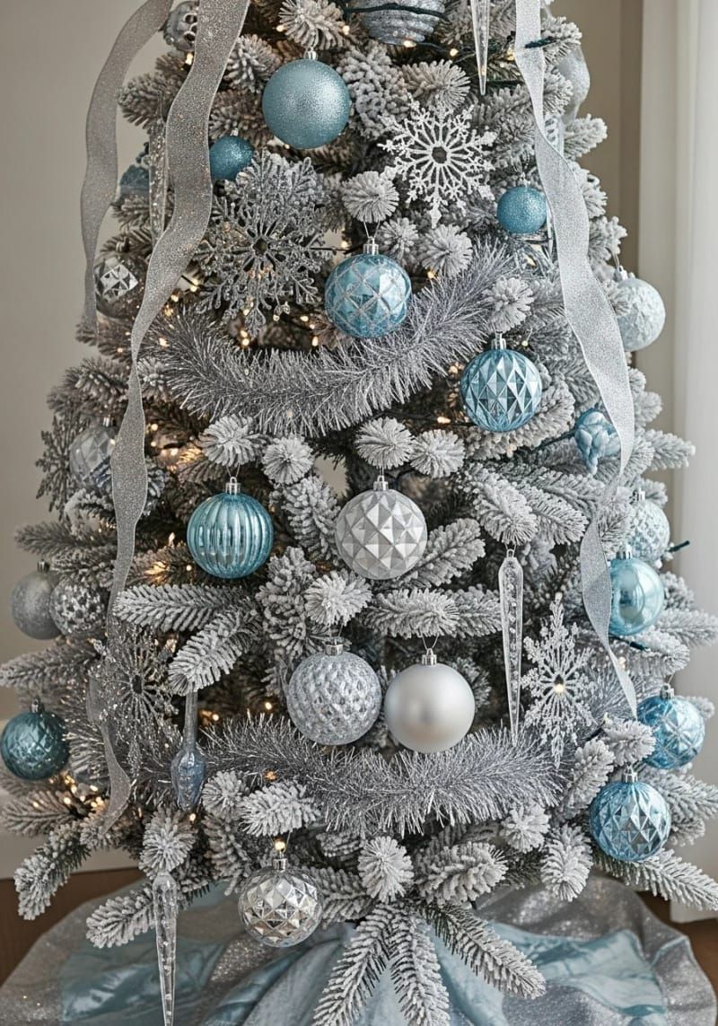 icy blue and silver baubles with flocked branches for a winter wonderland look 1