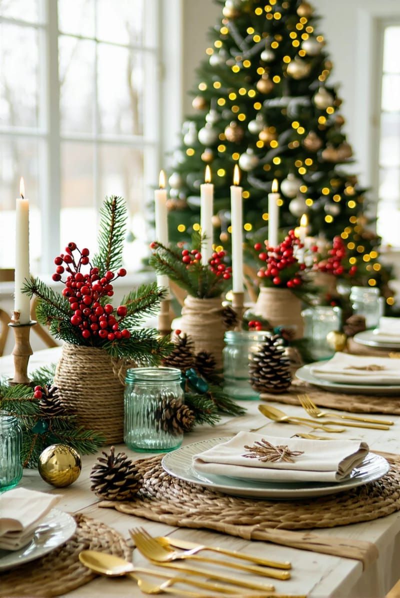 twine-wrapped mason jars with red berries and greenery for table accents 1