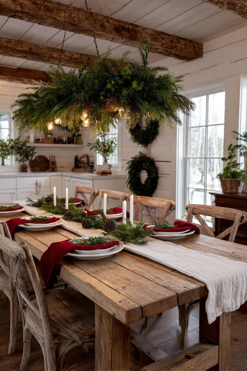 pine branch chandelier tied with velvet ribbons above the dining table 1
