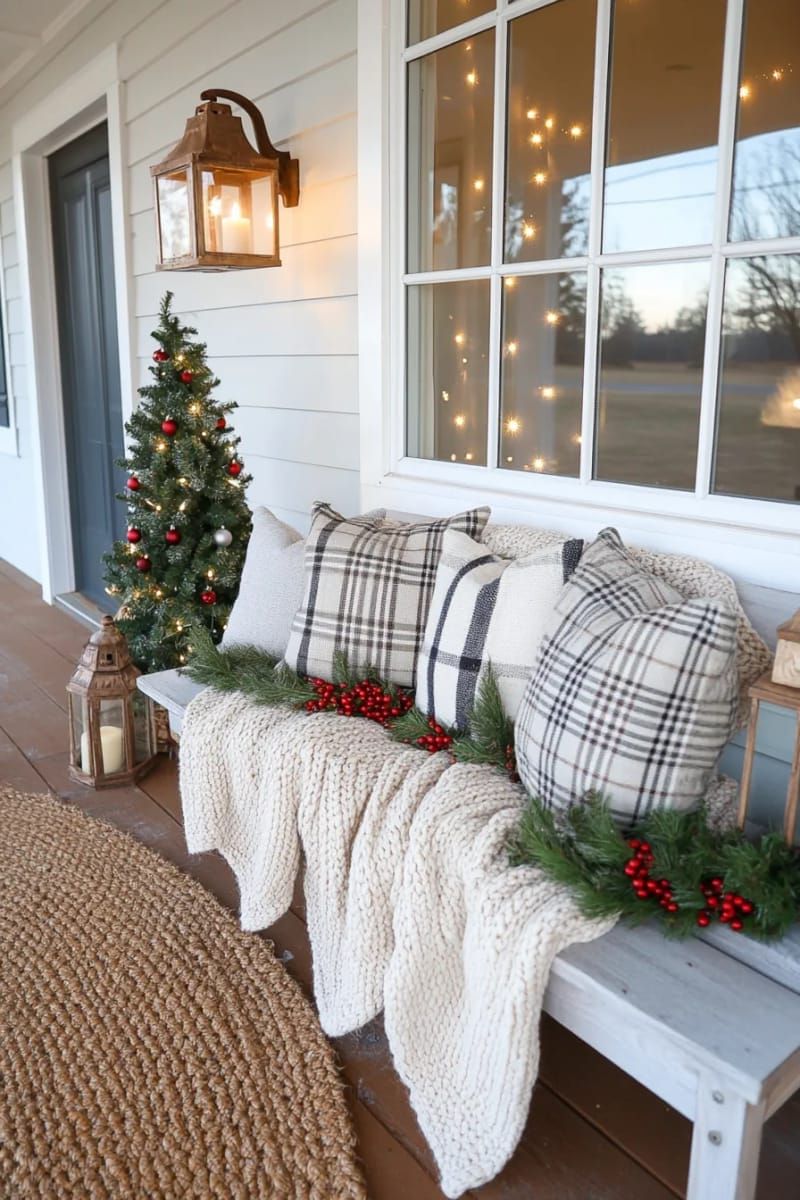 chunky knit blankets layered on a classic farmhouse bench 1