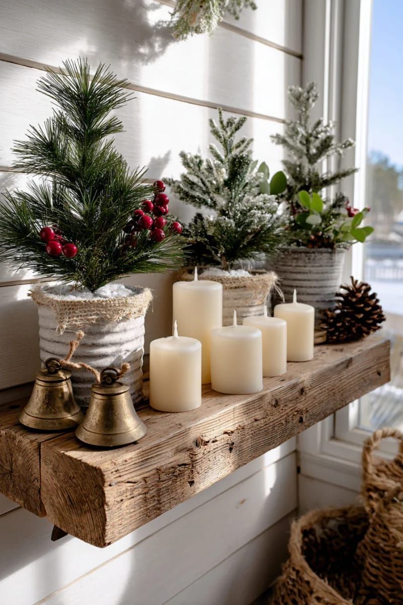 farmhouse wall shelf with vintage bells, candles, and mini pine trees 1