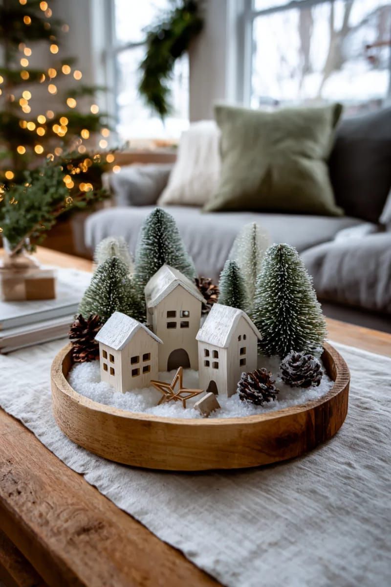 whitewashed wooden houses and bottle brush trees on a round tray 1