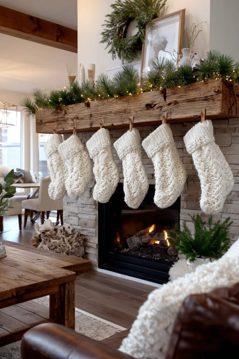 white knit stockings hung with wooden clothespins on a reclaimed wood mantel 1
