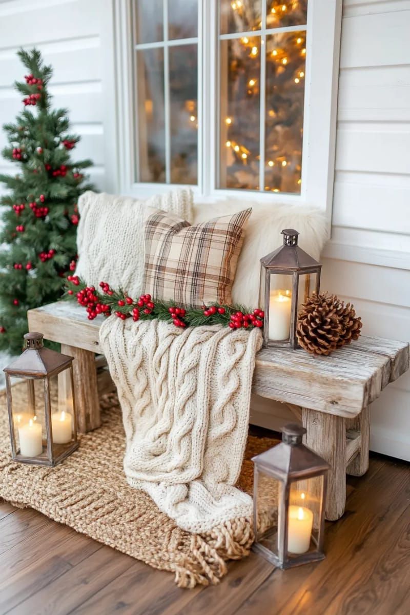 chunky knit blankets layered on a classic farmhouse bench 1