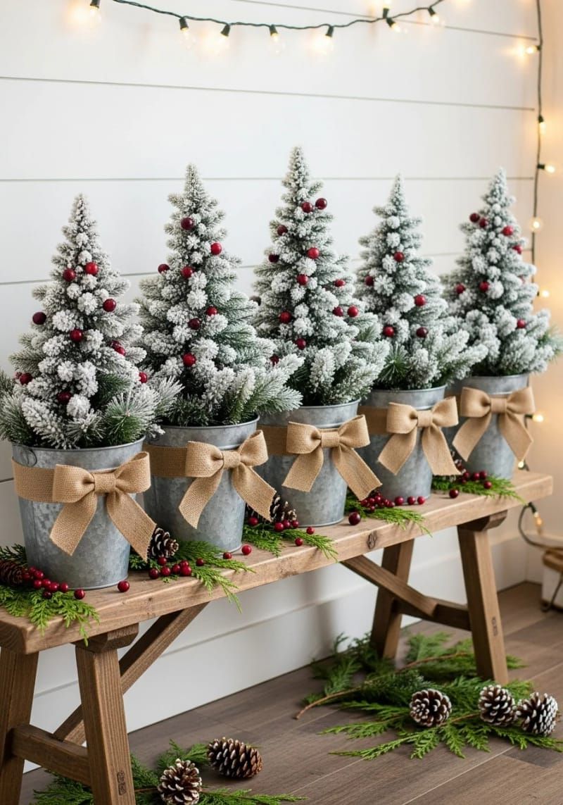 galvanized metal buckets filled with mini pine trees and cranberries 1
