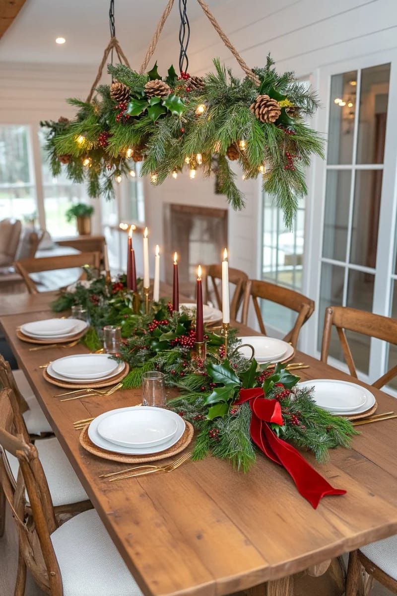 pine branch chandelier tied with velvet ribbons above the dining table 1