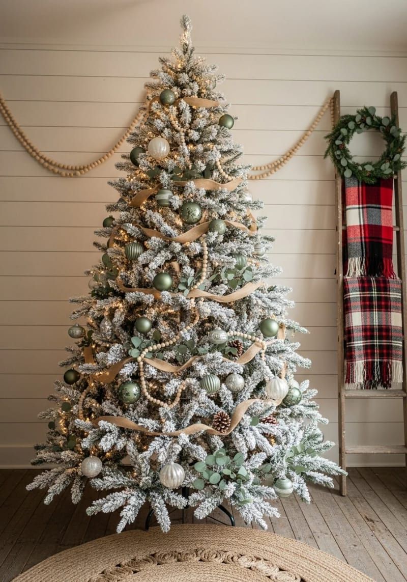 muted green and cream ornaments on a flocked farmhouse tree 1