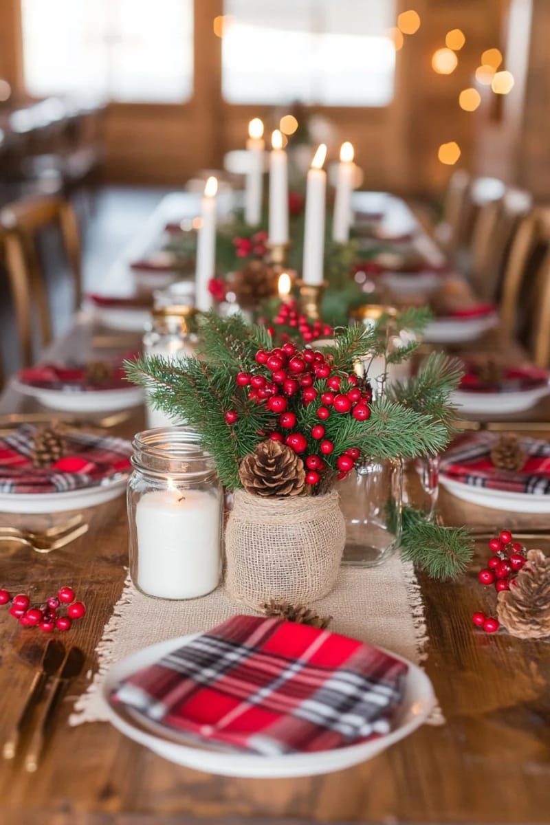 twine-wrapped mason jars with red berries and greenery for table accents 1