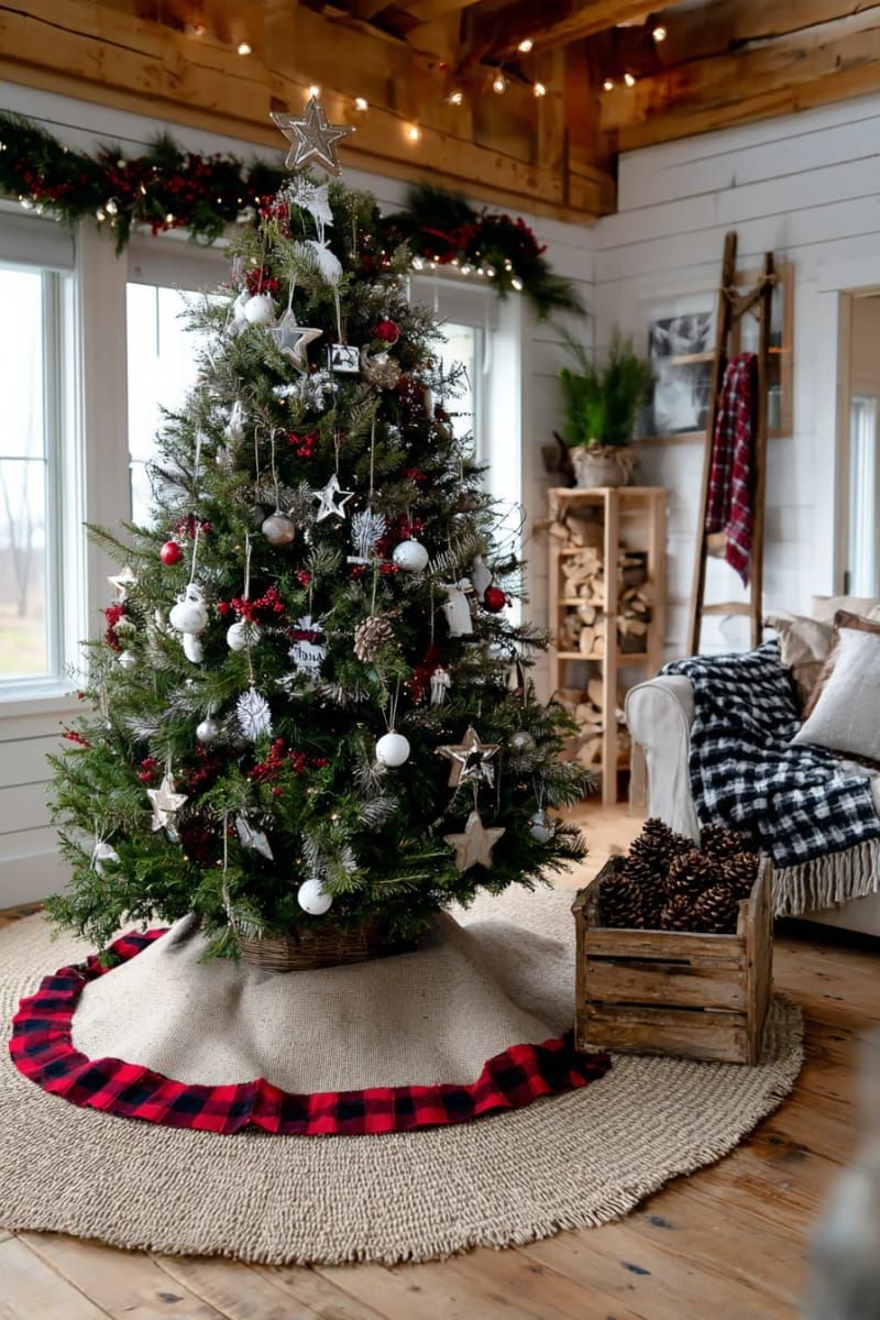 barn-inspired christmas tree skirt with burlap and plaid trim 1